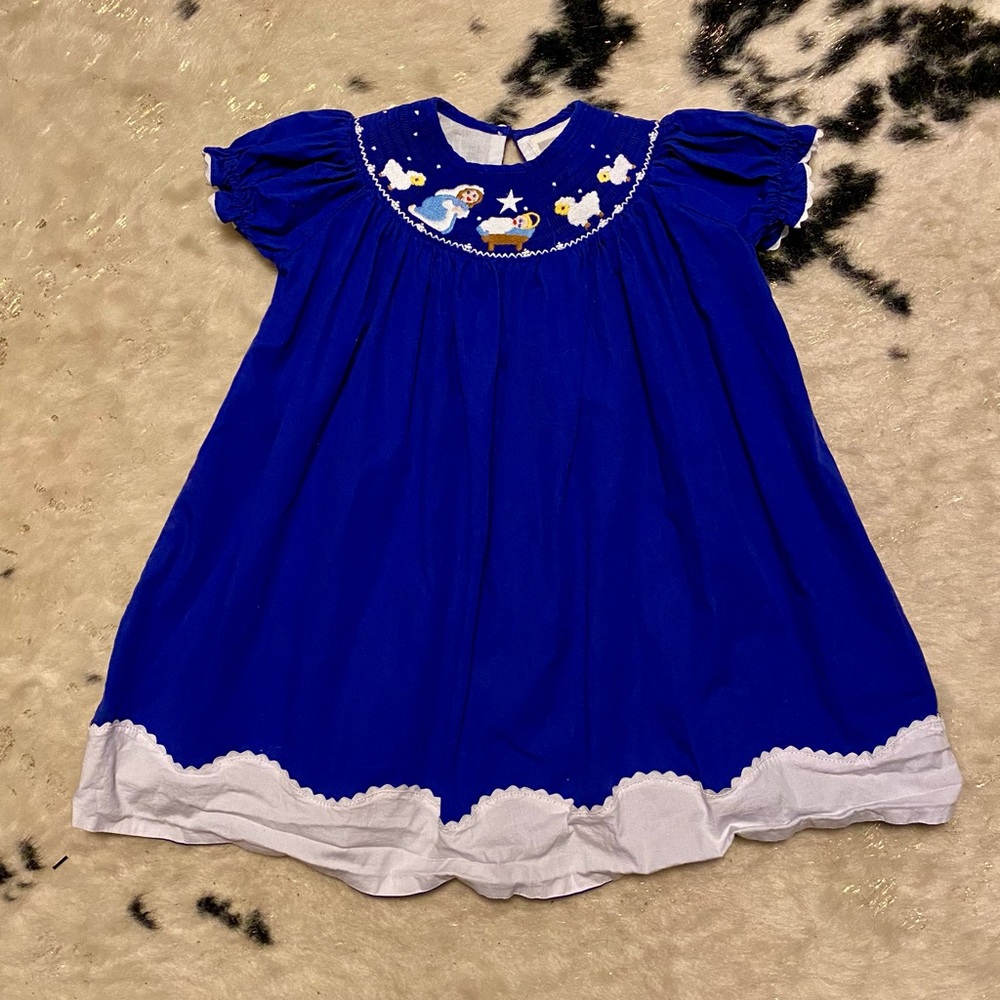Lil Cactus Royal Blue Manger/Nativity Scene Smocked Bishop Dress